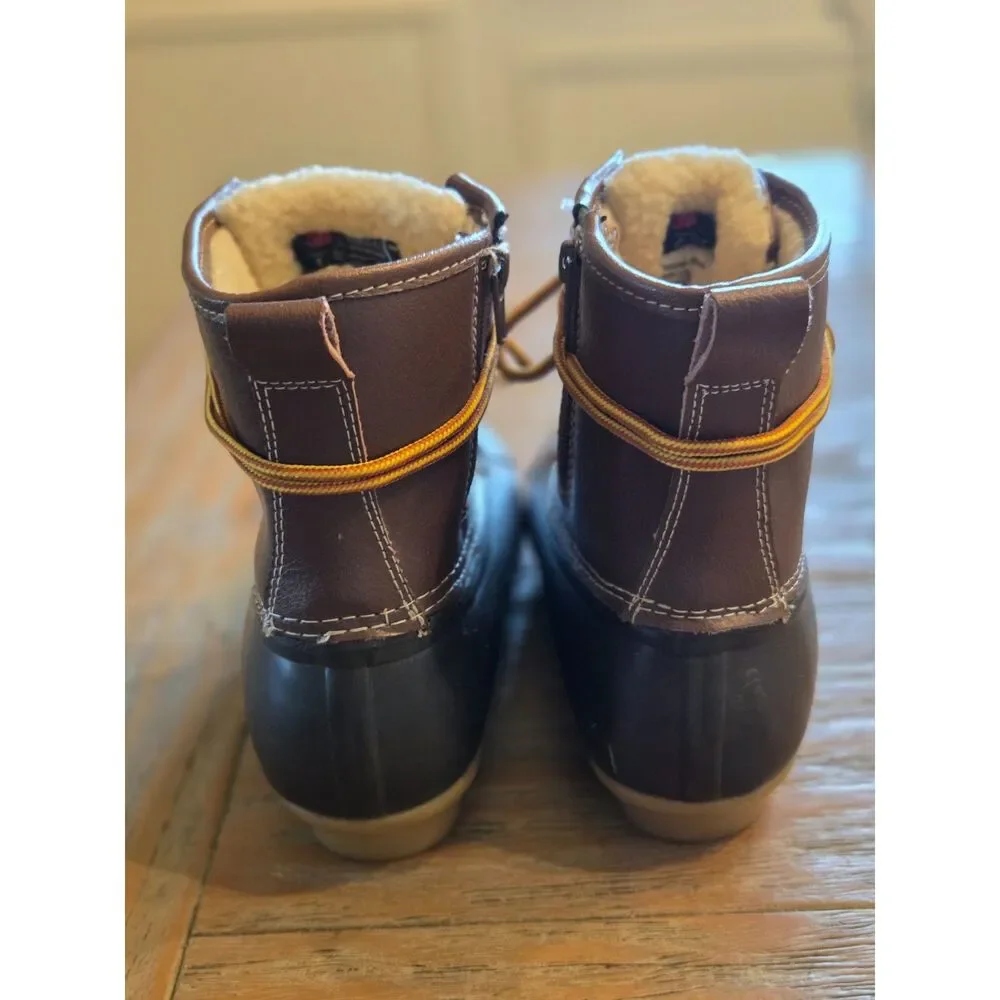 Serra duck rain boots, brown rubber and faux leather, size 7 thinsulate